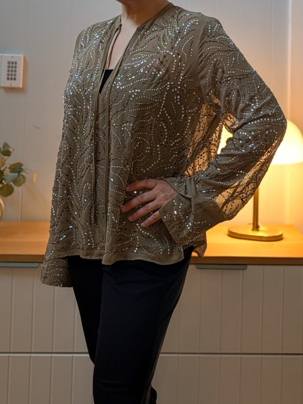 H&M Edition Embellished Rhinestone Blouse Khaki Green